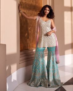 Mint Green Floral Sharara Outfit | Seema Gujral Pastel Sharara, Sharara Outfits, Sharara Suit Designs, Green Sharara, Rimple And Harpreet Narula, Gota Patti Work, Eid Outfit, Sister Outfits