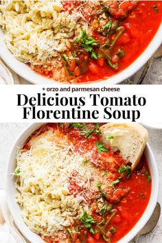 two white bowls filled with different types of pasta and sauces, one is topped with parmesan cheese