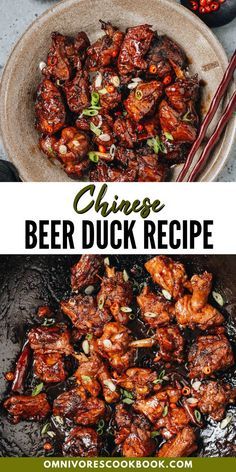 chinese beer duck recipe in a skillet with chopsticks next to it and the title