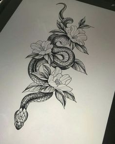 a drawing of a snake with flowers on it