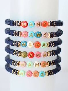 Multi Colored MAMA word beaded stretch bracelet NAVY ~ Two and Crew Casual Stretch Bracelet With Round Beads For Mother's Day, Casual Round Beads Stretch Bracelet For Mother's Day, Casual Adjustable Beaded Bracelets For Mother's Day, Casual Beaded Stretch Bracelet For Mother's Day, Casual Beaded Bracelets For Birthday And Mother's Day, Trendy Stretch Bracelet With Letter And Heishi Beads, Casual Custom Name Beaded Bracelets With Round Beads, Casual Stretch Bracelet With Letter Beads, Casual Letter Beads Bracelets For Mother's Day