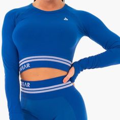 -Second Skin Fit -Key Hole Cut Out Back -Stretchy Material Allowing Maximum Movement -Seamless Mesh Detailing -Thumbholes Out Back, Key Hole, Second Skin, Stretchy Material, Blue White, Cut Out, Crop Top, Sleep, Blue And White