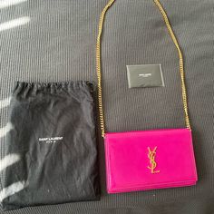 Mint Condition Saint Laurent Monogram Leather Clutch Bag In Electric Pink Wallet On Chain Included Is The Card And Dust Bag Several Compartments For Cards And Small Things Phone, Small Wallet And Small Nick Nacks For And Evening Will Fit Crossbody Designer Pink Rectangular Evening Bag, Chic Pink Wallet On Chain With Chain Strap, Pink Luxury Evening Bag With Gold-tone Hardware, Pink Evening Wallet On Chain With Chain Strap, Chic Pink Wallet On Chain For Formal Occasions, Designer Pink Clutch For Everyday Use, Pink Clutch With Chain Strap For Formal Occasions, Elegant Pink Rectangular Wallet On Chain, Pink Clutch For Formal Occasions