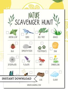 the nature scavenger hunt is an easy way to teach kids about plants and animals