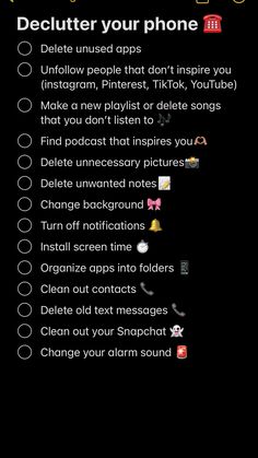 Deep Clean Phone Checklist, How To Give Your Phone A Makeover, Clean Out Phone List, How To Cool Down Your Phone, What To Download On Your Phone, Things To Put In Notes On Phone, Clean Out Phone, Phone Glow Up Checklist, How To Clean Out Your Phone