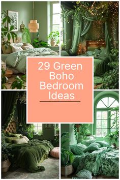 green boho bedroom decor ideas with lots of greenery on the walls and bedding