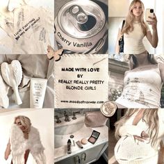 a collage of photos with white clothing and accessories, including a coca - cola can