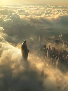 a man standing on top of a cloud covered city surrounded by tall buildings in the sky