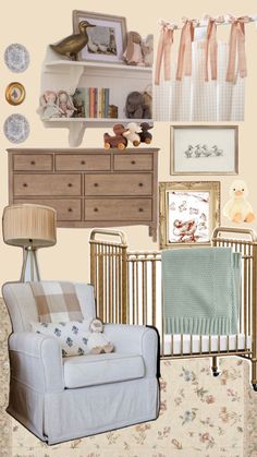 a baby's nursery room is shown with furniture and accessories on the walls, including a crib