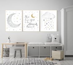 two children's posters with the words we love you to the moon and back