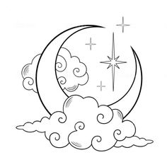 the moon with clouds and stars on it is outlined in black and white, as well as