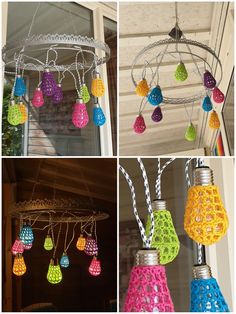 crocheted lamps hanging from the side of a house in different colors and sizes