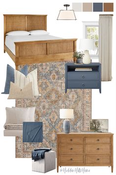 Blue and brown bedroom decor mood board featuring a tan cane bed and a blue nightstand Moody Apartment, Lovely Bedroom, Moody Bedroom, Design Boards, Building House, Bedroom Bliss, Brown Bedroom