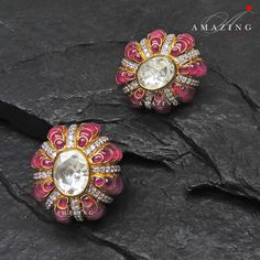 Silver Moissanite Polki with Hydro Ruby Chips Earring Moissanite Polki Kundan Stud Indian Wedding Jewelery Everyday Wear Studs Earrings Material : Silver Gemstone: Moissanite, Hydro Ruby Chip Stones Stone colour: Uncut Polki Primary colour: Gold Size-Length: 60mm Width: 40mm Closure : Screw back and Clips Silver Intricate, hand crafted, Pure Silver Polki Earrings, studded with high quality Moissanite Polki Earring comes with screw back and clips, made in 92.5 silver with 22ct gold plating. Produ Formal Earrings With Stone Setting In American Diamond, Dazzling Diamond Gemstone Earrings For Wedding, Dazzling Round Earrings For Receptions, Formal American Diamond Earrings With Stone Setting, Round American Diamond Wedding Earrings, Festival Hallmarked American Diamond Earrings, Dazzling Stone Work Earrings For Formal Occasions, Chandbali Earrings With Stone Work For Anniversary, Silver Gemstone Earrings For Reception