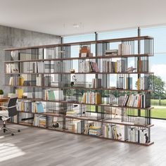 a room with a book shelf filled with lots of books next to a desk and chair