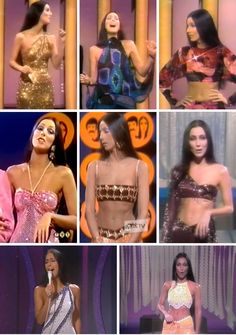 several pictures of women in different outfits on stage