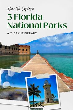 the florida national parks poster with pictures of lighthouses and palm trees