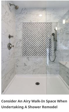 a walk in shower sitting next to a white sink and toilet under a window with the words consider an airy walk - in space when undertaking a shower remodel