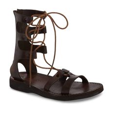 Dominate the scene in this strappy gladiator sandals. Handmade leather upper in a Lace-up style. Built to last and grow more comfortable with time.. split Vegetable-tanned natural leather Leather sole molds to your feet Comfortable polyurethane outsole Durable textured grip sole Light and flexible Hand-Crafted in East Jerusalem Natural Leather Sandals, Pie Grande, Strap Sandals Flat, Strappy Sandals Gladiators, Lace Up Gladiator Sandals, High Sandals, Leather Sandals Handmade, Leather Flip Flops, Brown Leather Sandals