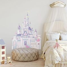 a child's bedroom with a princess castle wall decal