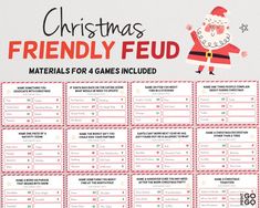 christmas family game board with santa clause on it and the words,'christmas family fud materials for 4 games included