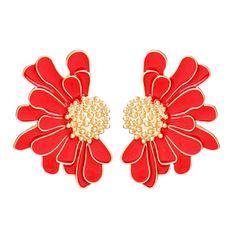 Women's Stud Earrings Gold Metal and Red Epoxy Half Daisy Flower Earrings Featuring Gold Studded Center. Post Backing. Rose Red Flower Earrings For Pierced Ears, Red Flower Shape Earrings For Party, Red Flower Earrings For Valentine's Day, Red Flower Drop Earrings, Rose Red Flower-shaped Earrings For Pierced Ears, Red Flower-shaped Earrings For Party, Red Floral Earrings For Party, Red Flower-shaped Party Earrings, Red Flower Shaped Party Earrings