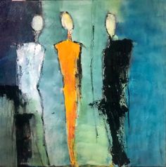 an abstract painting of two people standing in front of a blue background with black and orange colors