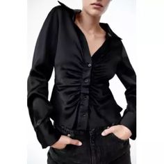 Brand New Chic Fall Shirt For Night Out, Trendy Black Formal Shirt, Chic Shirt For Night Out In Fall, Black Spring Office Shirt, Black Office Shirt For Spring, Chic Black Collared Top, Black Button-up Tops For Spring, Black Collared Top For Night Out, Trendy Formal Tops For Fall