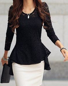 lace peplum top                                                                                                                                                                                 More Ladies Chiffon Shirts, Ruffled Blouse, Plain Blouse, Scoop Neck Long Sleeve, Blouse For Women, Chiffon Shirt, Blouse Online, Lace Ruffle