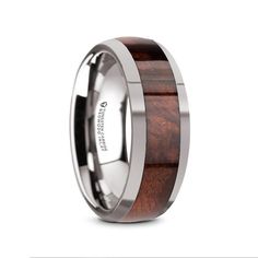 the men's wedding band is made with wood inlays and polished steel