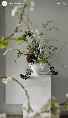 a vase filled with lots of flowers on top of a white table next to a wall