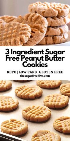 three ingredient sugar - free peanut butter cookies on a baking sheet with text overlay