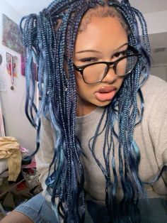 #bluehaircolor #blackgirlshairstyles #blackgirlbraids #blackgirl #earthyblackgirlaesthetic Braids Blue And Black, Teal Knotless Braids, Midnight Blue Braids, Blue And Blonde Braids, Blue Goddess Braids, Dark Blue Braids, Blue Box Braids, Blue Braids, Braids Inspiration