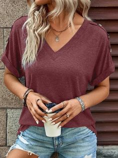 Loose Short Sleeves Buttoned Solid Color V-Neck T-Shirts Tops NAVY BLUE-XL 2023 Clothing, Button Fashion, Style Basic, Sleeves Clothing, Loose Shorts, Solid Tops, Color Khaki, Wine Red, T Shirt Top