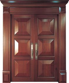 a wooden door with two glass panels on the front and side doors in dark wood