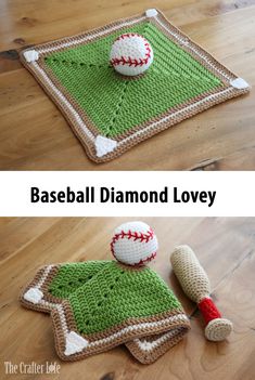 crocheted baseball diamond lovey and slippers on the floor with text overlay