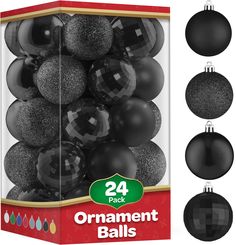 pack of 24 shiny black ornaments with glittered balls for christmas ornament decoration