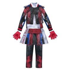 the avengers costume is shown in red, white and blue with two hands on it