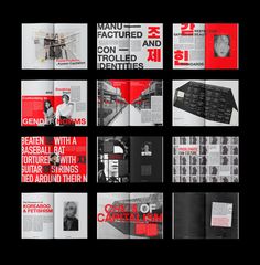 an assortment of brochures with black and red images on them, all in different styles