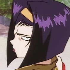 an animated image of a woman with long black hair and purple hair, looking down at her face