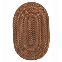 the oval rug in brown and tan is shown on a white background with an orange border