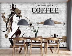 the wallpaper is decorated with an image of a woman's face and coffee