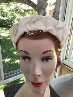 "Vintage 1950s 1960s slightly Off White Velvet hat. Adorned with Sequins and Beads. No makers label or tag. CONDITION: I note a slight discoloration to the 4 edges of the hat (SEE PIX). MEASURES: Left to right UP AND OVER the hat-13\" Front to back-8\" **WE APOLOGIZE~BUT WE CAN NO LONGER SHIP TO ITALY OR SPAIN. WE HAVE INCURRED TOO MANY ISSUES WITH SHIPPING. PACKAGES GOING MISSING..DAMAGED...ETC. IF ORDERS COME IN FROM ITALY OR SPAIN, WE WILL HAVE TO CANCEL THEM AND REFUND YOUR MONEY. SORRY FOR Vintage Handmade Costume Hats And Headpieces, Vintage Fitted Headband For Vintage Events, Vintage Handmade Headband, Handmade Vintage Headband, Vintage Cream Headpieces For Vintage Events, Vintage Handmade Headband Headpieces, Vintage Cream Headpiece For Evening, Vintage Costume Headband For Summer, Vintage Summer Costume Headband