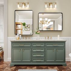 a bathroom with two mirrors above the sinks and a rug on the floor next to it