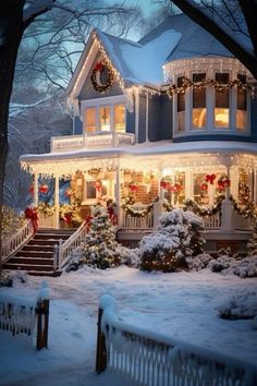 a house covered in christmas lights and wreaths on the front porch is lit up