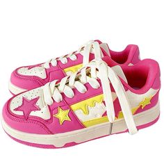 Pink and Yellow Star Sneakers - EU36 (US6.0) / Pink Pink Star Shoes, Pink And Yellow Outfit, Kawaii Sneakers, Kawaii Swimsuit, Dark Academia Clothing, Yellow Clothes, Anime Lingerie, Egirl Outfits, Yellow Star