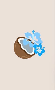 an image of a coconut with blue flowers on the bottom and one half of it's shell