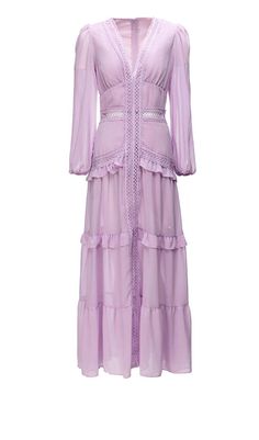 Long Sleeve Ruffle Maxi Dress in LilacElevate your style with our ethereal Long Sleeve Ruffle Maxi Dress in romantic lilac. This stunning dress is designed to make a statement and turn heads wherever you go. Whether you're attending a special event or simply want to feel like a princess, this dress is the perfect choice.What sets this dress apart is its exquisite details. The tiered ruffles on the long sheer sleeves add a touch of elegance and femininity, cascading down the column maxi silhouette. The slim mock neck bodice provides a beautiful contrast to the airy ruffled skirt, creating a harmonious and captivating look.Not only is this dress visually stunning, but it is also made with the utmost care and attention to detail. The high-quality materials ensure a comfortable fit and durabil Ruffle Maxi Dress, Ruffled Skirt, Solid Color Dress, Ruffled Maxi Dress, Lilac Purple, Lace Ruffle, Daily Dress, Ruched Dress, Sheer Sleeves