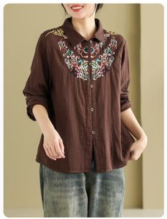 6 Brown Long Sleeve Top With Floral Embroidery, Brown Cotton Top With Floral Embroidery, Brown Floral Embroidered Long Sleeve Top, Embroidered Cotton Collar Tops, Casual Blouse With Floral Embroidery Collar, Bohemian Collared Tops With Floral Embroidery, Brown Embroidered Long Sleeve Blouse, Bohemian Embroidered Collared Blouse, Casual Embroidered Collar Blouse