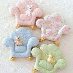 decorated cookies in the shape of chairs and teddy bears